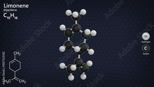 Molecule: Limonene or Dipentene. Cycloalkene. Citrus aroma. Molecular structure. Formula: C10H16. Chemical model: Ball and stick. Dark background. 3D illustration. photo