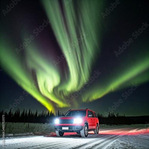 A car driving unde aurora., aurora tent, camping, camp, nature, travel, summer, adventure, night, sky, outdoors, hiking, mountain, aurora camping, tent, road, car, light, highway, landscape, aurora, c photo