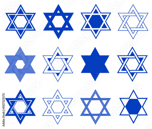 Set of different blue Star of David illustrations isolated on white