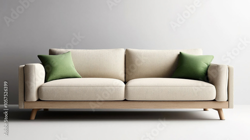 Modern beige fabric sofa with wooden legs and two green pillows against a gray background wall