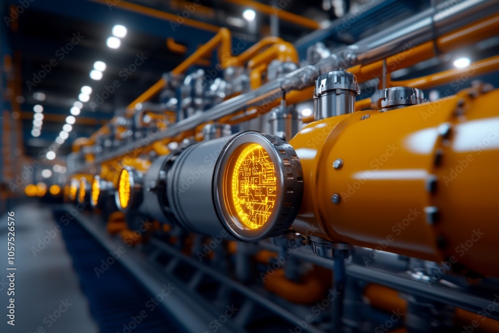 Fototapeta premium 3D digital visualization of machine learning models applied to industrial automation, with a futuristic plant background showcasing high-tech machinery and control, symbolizing detail and efficiency