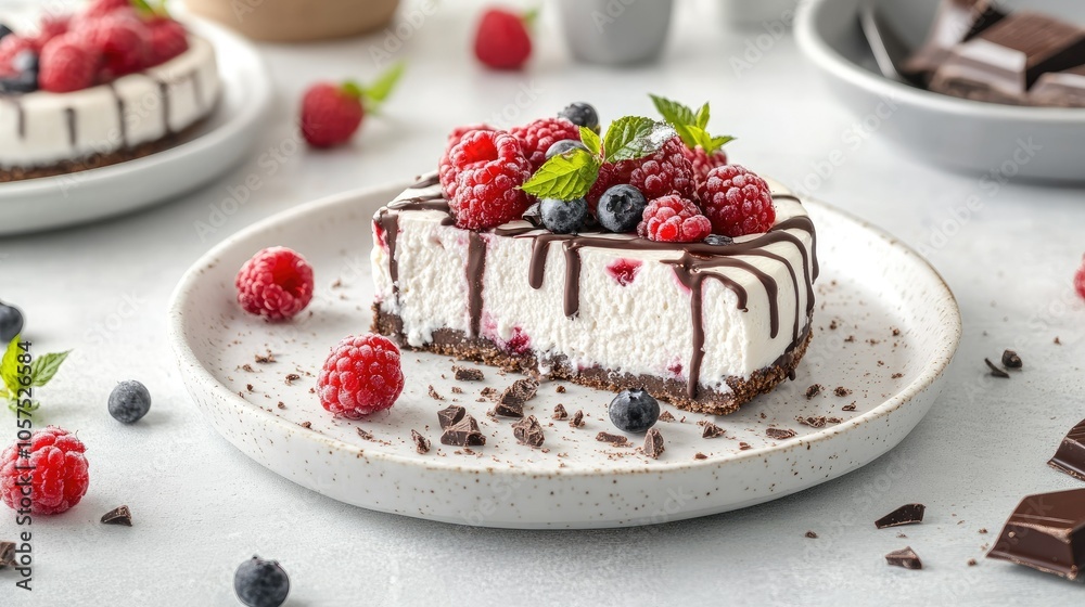 Creamy cheesecake with fresh berries and chocolate drizzle, presented on a white plate with a blurred cafe background. Creamy cheesecake with fresh berries and chocolate drizzle, presented on a white plate with a blurred cafe background.