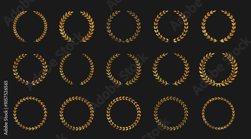 Set of Golden Silhouettes of Circular Laurel Wreaths Depicting an Award or Achievement