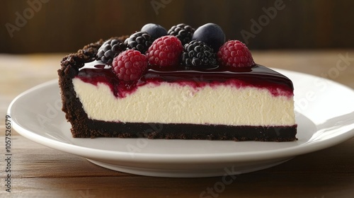 Creamy cheesecake with berry medley and thin chocolate glaze lines, served on a classic white plate with a soft focus background.