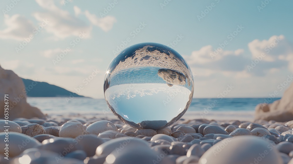 Crystal ball on beach reflecting a peaceful sky and ocean, surrounded by smooth pebbles, capturing nature's beauty in a unique way Crystal ball on beach reflecting a peaceful sky and ocean, surrounded by smooth pebbles, capturing nature's beauty in a unique way