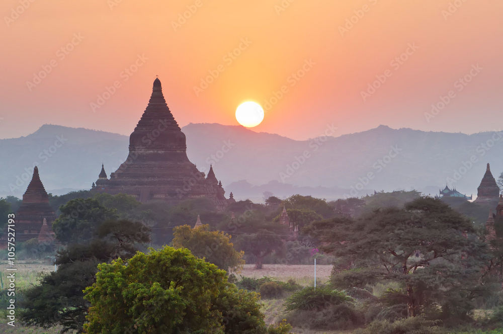 Temples at sunset from Shwesandaw Pagoda in Bagan, Myanmar; Bagan, Myanmar Temples at sunset from Shwesandaw Pagoda in Bagan, Myanmar; Bagan, Myanmar