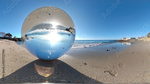 Crystal ball on the sandy shore, reflecting a clear blue sky and waves rolling in, offering a whimsical view of the seaside landscape