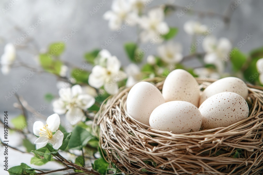 Elegant modern easter bouquet with speckled eggs in nest for springtime decor Elegant modern easter bouquet with speckled eggs in nest for springtime decor