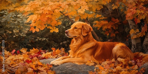 A dog with red fur is resting peacefully amid a picturesque autumn backdrop, surrounded by vibrant fall colors, embodying a serene and calm atmosphere of the season.