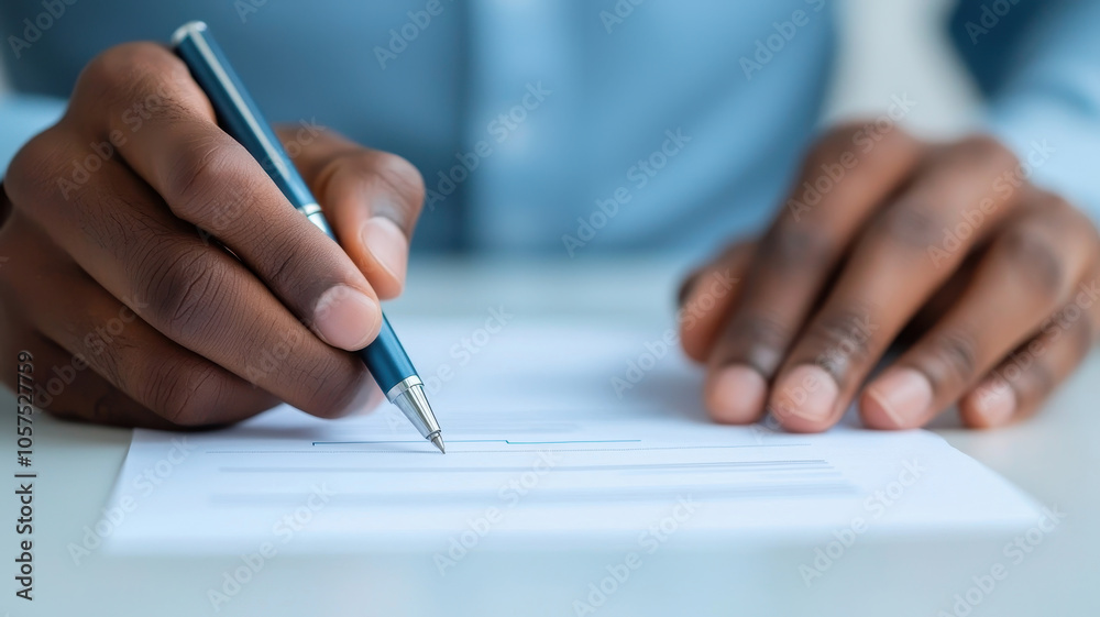 Close up of hands signing document with pen, conveying focus and determination Close up of hands signing document with pen, conveying focus and determination
