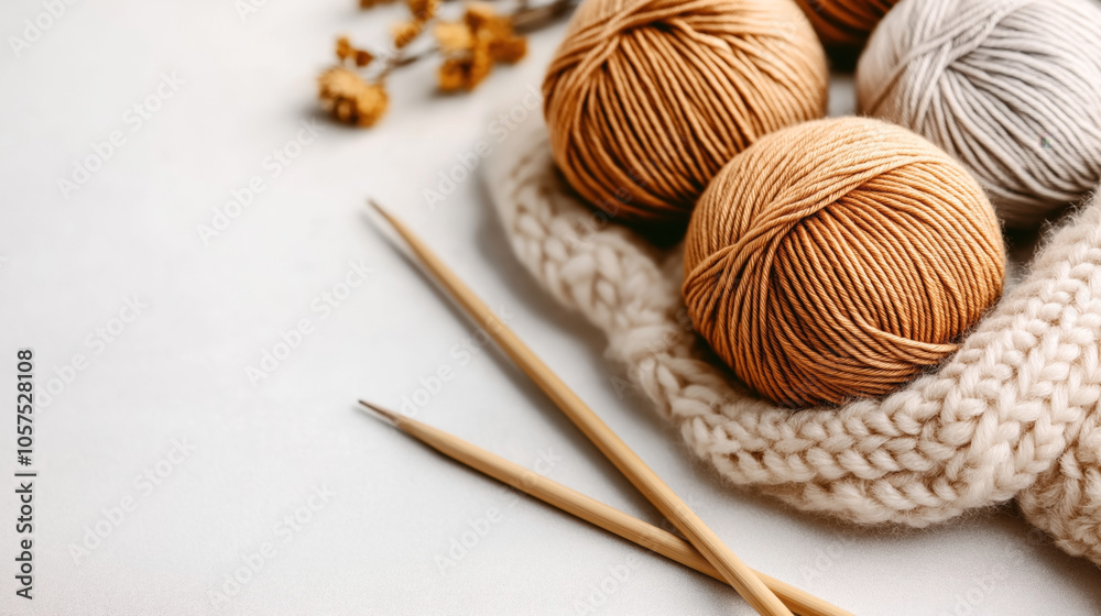 Close-up of knitting materials including yarn balls in earth tones, wooden knitting needles, and a knitted item on a light surface with dried flowers in the background. Close-up of knitting materials including yarn balls in earth tones, wooden knitting needles, and a knitted item on a light surface with dried flowers in the background.