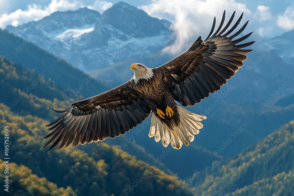 Bald eagle in flight with mountain backdrop.