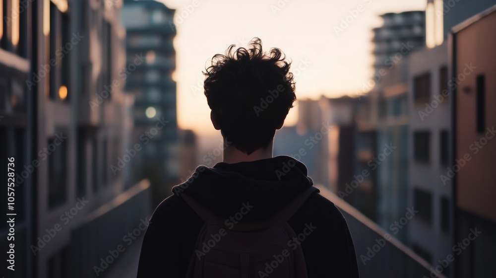 Man wearing a black hoodie and backpack is standing on a bridge in a city Man wearing a black hoodie and backpack is standing on a bridge in a city