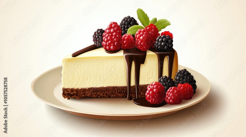 Elegant cheesecake slice with mixed berries and chocolate drizzle, arranged on a vintage plate, soft shadows and a cozy feel. Elegant cheesecake slice with mixed berries and chocolate drizzle, arranged on a vintage plate, soft shadows and a cozy feel.
