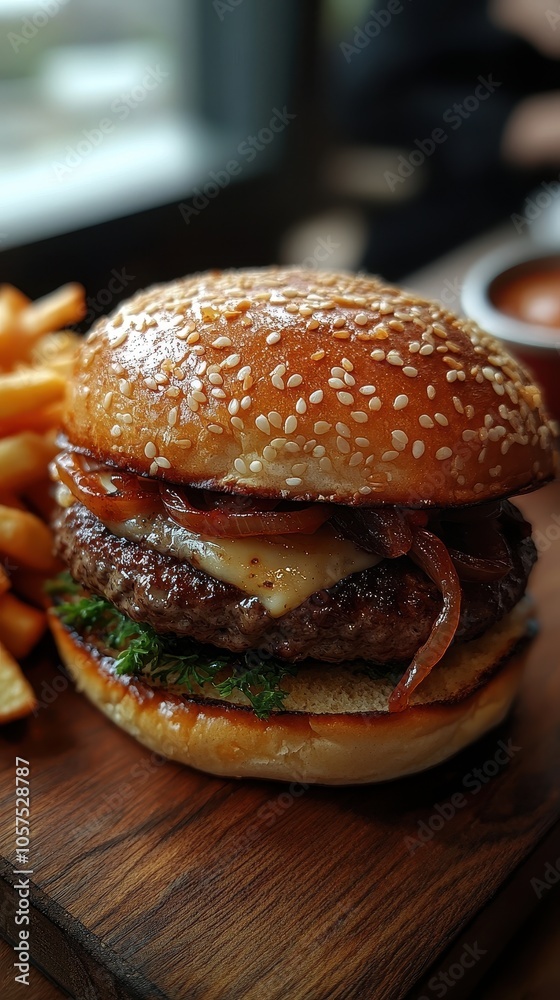 Gourmet burger with toasted sesame bun, melted cheese, caramelized onions, served with fries on wooden cutting board Gourmet burger with toasted sesame bun, melted cheese, caramelized onions, served with fries on wooden cutting board