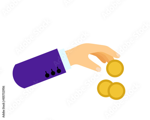Coins in hand, waste of money, coins falling, hand throwing coins. Vector simple color flat illustration.