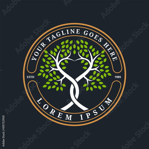A unique logo featuring two trees with trunks curled into a heart, surrounded by a circle with vintage elements. Suitable for businesses in the health and fitness sector.