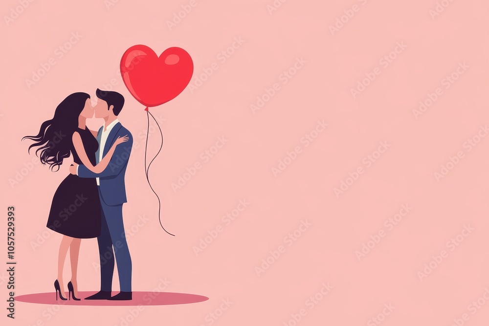 A couple shares a tender kiss while holding a heart-shaped balloon against a soft pink backdrop. A couple shares a tender kiss while holding a heart-shaped balloon against a soft pink backdrop.