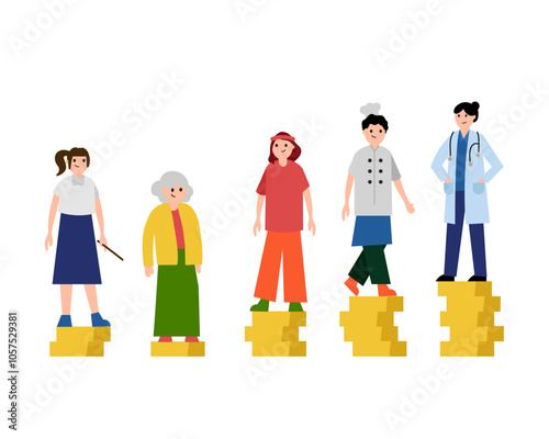 Сost of each profession salary.  Vector simple color flat illustration.