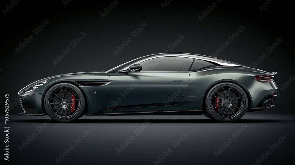 Fototapeta premium Sleek sports car with a modern design, featuring dark paint and distinctive wheels. Captured against a dark backdrop to emphasize its elegance.