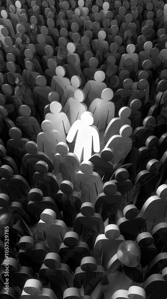 Obraz premium Grayscale crowd with central figure standing out facing left