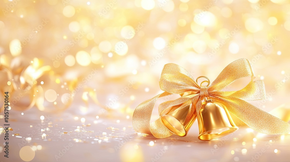 Golden bell with a festive ribbon bow, placed on a white background with delicate holiday decorations and warm lighting. Golden bell with a festive ribbon bow, placed on a white background with delicate holiday decorations and warm lighting.
