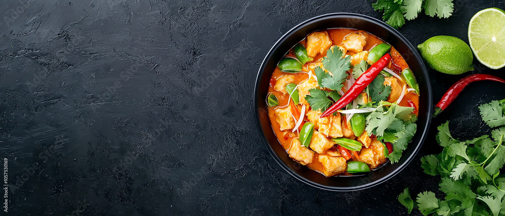 Delicious bowl of massaman curry garnished with fresh thai chili and herbs a taste of authentic thai cuisine Delicious bowl of massaman curry garnished with fresh thai chili and herbs a taste of authentic thai cuisine