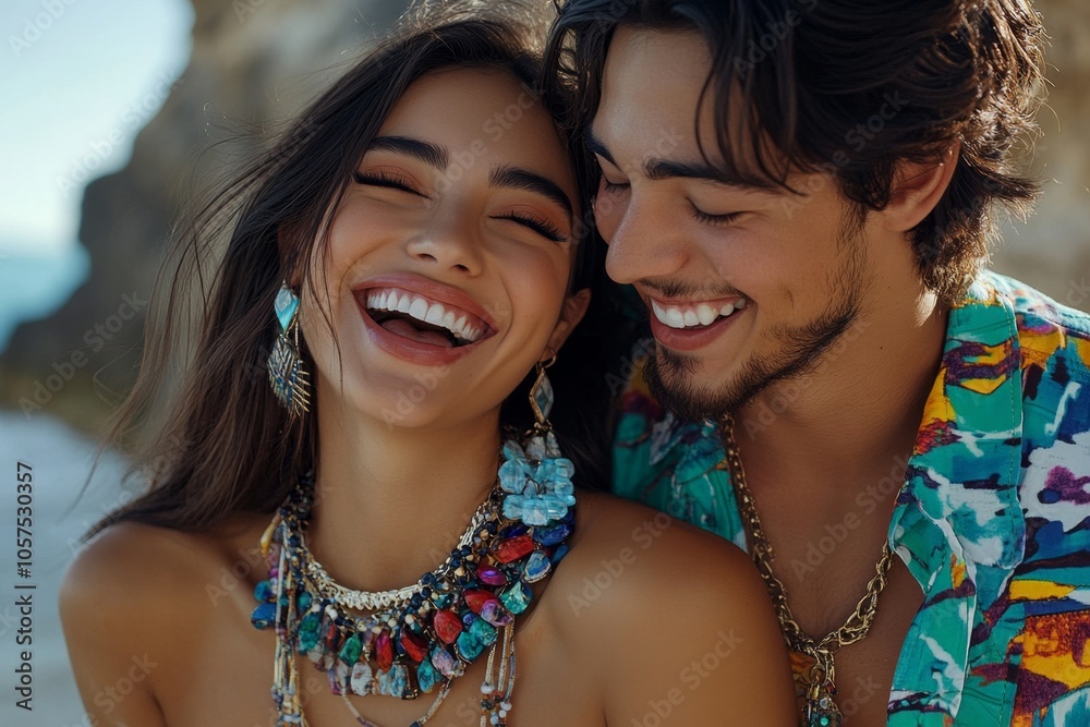 Detailed view of two people laughing with one person’s hand gently resting on the other’s arm, capturing the warmth and intimacy of flirtation, symbolizing connection and detail Detailed view of two people laughing with one person’s hand gently resting on the other’s arm, capturing the warmth and intimacy of flirtation, symbolizing connection and detail