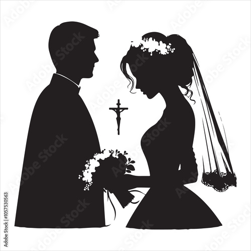 Christian Bride Silhouette Vector, Black on White Background 
