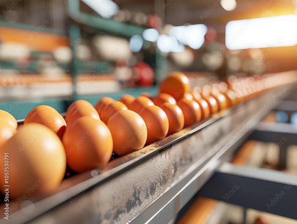 Extensive view of freshly laid eggs moving along conveyor belt in modern agricultural production environment. Extensive view of freshly laid eggs moving along conveyor belt in modern agricultural production environment.