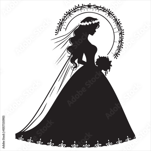 Christian Bride Silhouette Vector, Black on White Background 