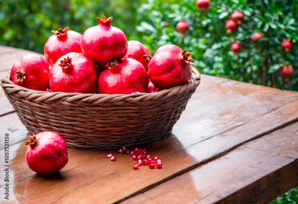 Basket of Pomegranates on Wooden Table. Basket of Pomegranates on Wooden Table.