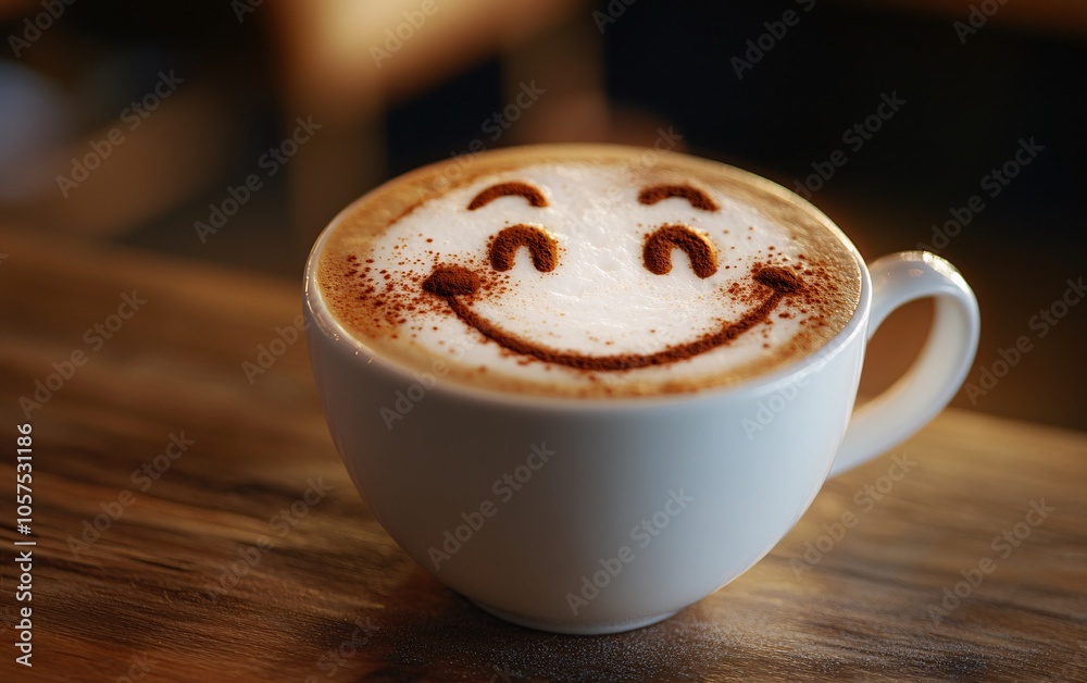 A cup of coffee with a smiling face pattern on frothy milk, placed on a wooden table. Evokes warmth and happiness in every sip. A cup of coffee with a smiling face pattern on frothy milk, placed on a wooden table. Evokes warmth and happiness in every sip.