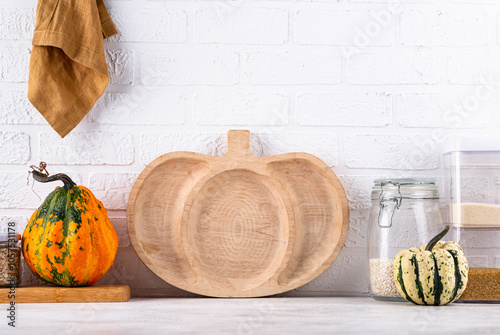 Autumn harvest decor on rustic wooden shelf photo