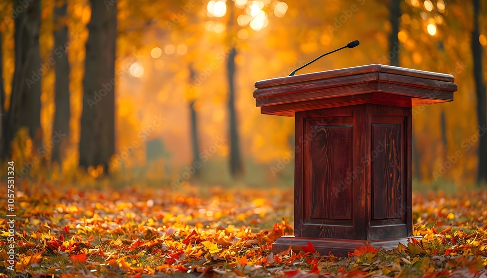 Rustic Wooden Podium with Autumn Leaves and Glowing Trees
Rustic Wooden Podium with Autumn Leaves and Glowing Trees