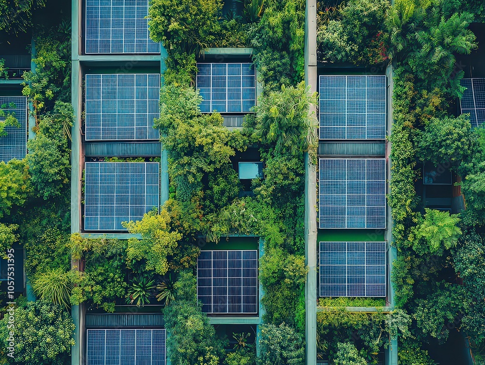  Solar panels on green urban rooftop surrounded by plants, merging nature and technology; reflective blue surfaces emphasize sustainability in city setting.