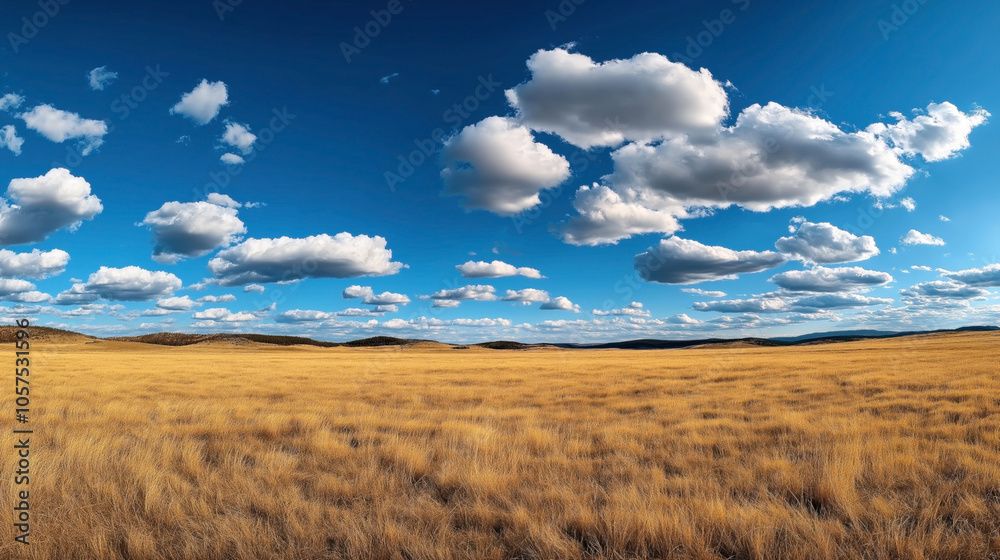 Vast golden grassland under a blue sky with scattered white clouds and distant hills on the horizon