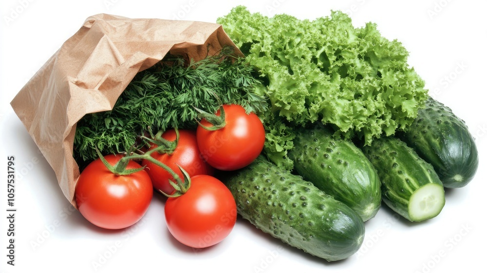 Paper bag filled with assorted vegetables, including tomatoes, leafy greens, and cucumbers, isolated on a clean white background Paper bag filled with assorted vegetables, including tomatoes, leafy greens, and cucumbers, isolated on a clean white background