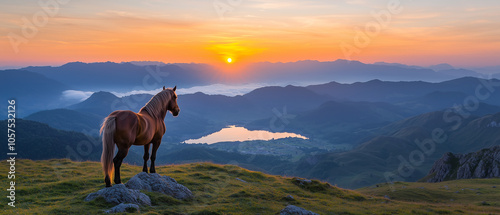 majestic horse stands on rocky cliff, overlooking serene landscape at sunset, with mountains and lake in distance. scene captures beauty and tranquility of nature