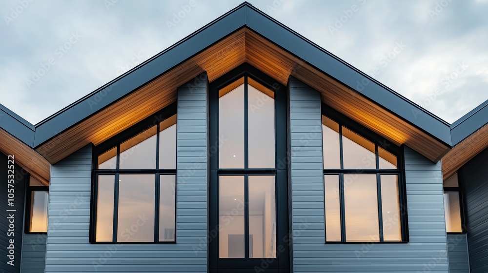 Modern architectural design of a house with a prominent gable roof, featuring large glass windows and a wood-paneled exterior with evening lighting. Modern architectural design of a house with a prominent gable roof, featuring large glass windows and a wood-paneled exterior with evening lighting.