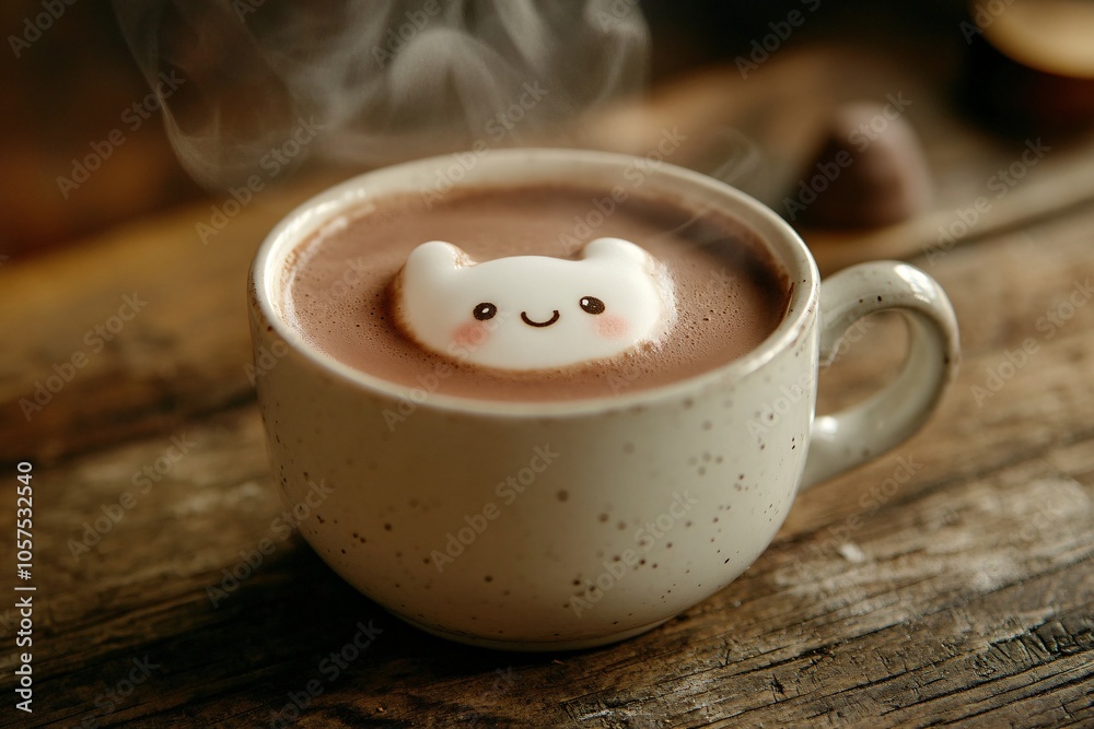 Obraz premium A cozy cup of hot chocolate topped with a cute bear-shaped marshmallow, surrounded by a rustic wooden background, exuding warmth and comfort.