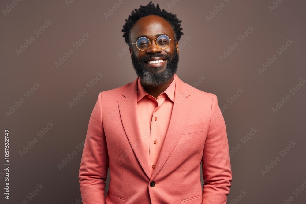 Obraz premium Portrait of a content afro-american man in his 40s dressed in a stylish blazer over blank studio backdrop