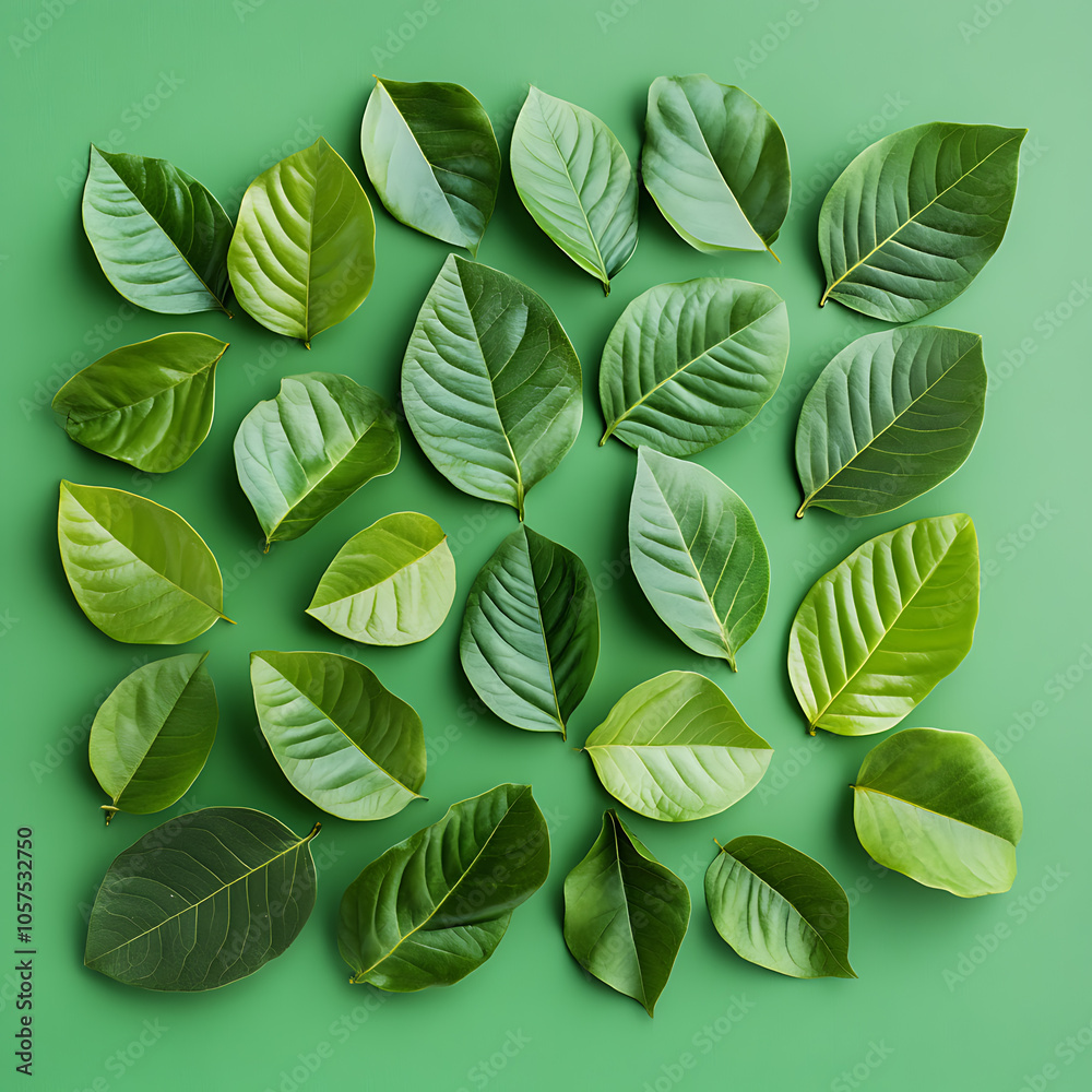 Fototapeta premium Creative layout made of green leaves flat lay nature spring concept 