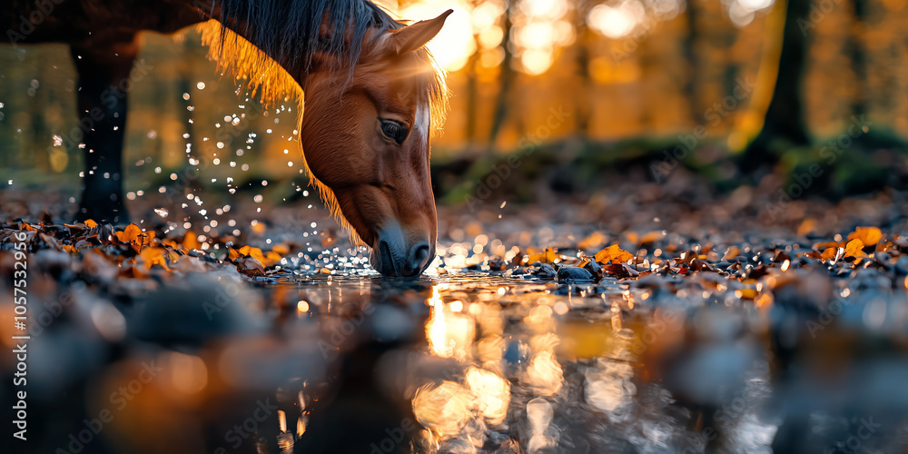 horse drinks from clear stream in sunlit autumn forest, surrounded by fallen leaves horse drinks from clear stream in sunlit autumn forest, surrounded by fallen leaves