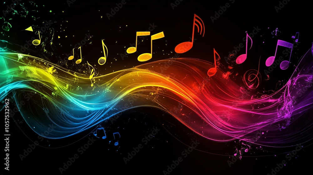 Fototapeta premium A vibrant wave of colorful music notes flowing on a dark background, symbolizing creativity and harmony in music.