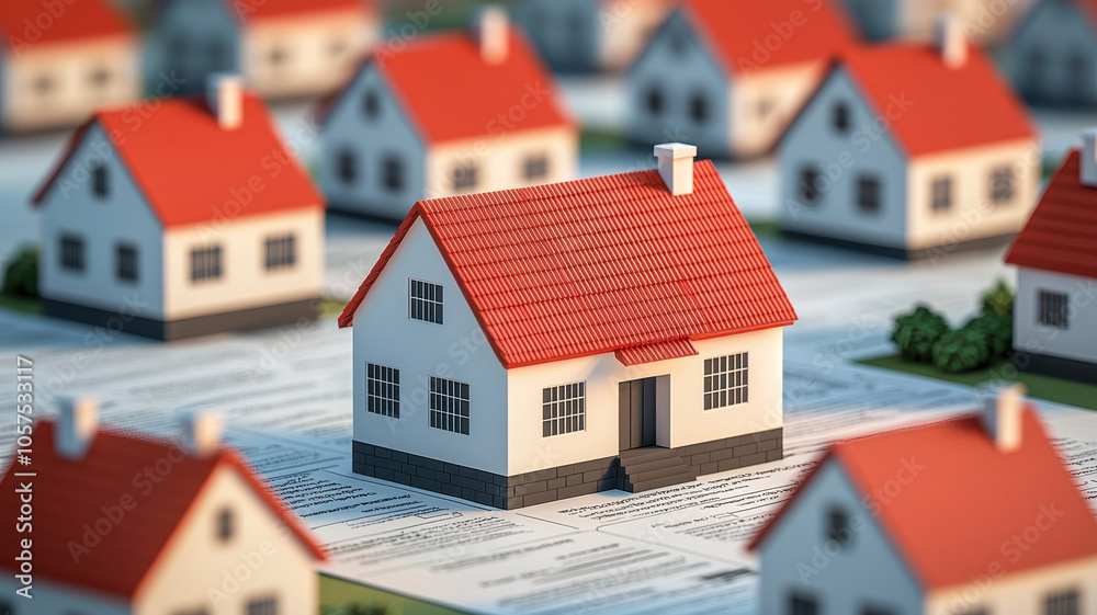 model house surrounded by loan documents symbolizes financial concepts