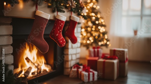 Cozy holiday living room with a decorated Christmas tree, stockings hung by the fireplace, and presents waiting to be opened