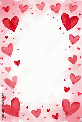 Red watercolor hearts border. Valentines day watercolor hearts banner. Heart frame