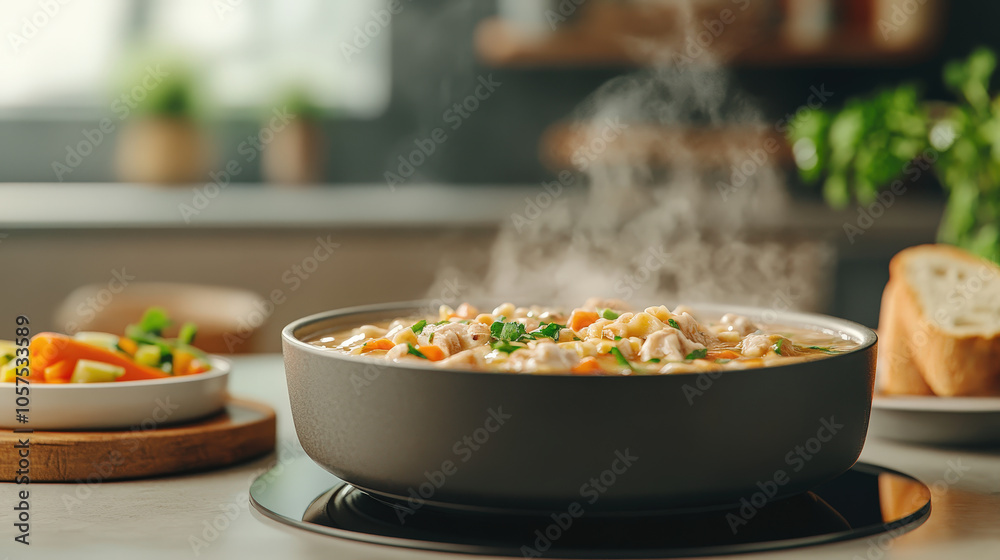 Warm Photorealistic Kitchen Scene with Delicious Soup Warm Photorealistic Kitchen Scene with Delicious Soup