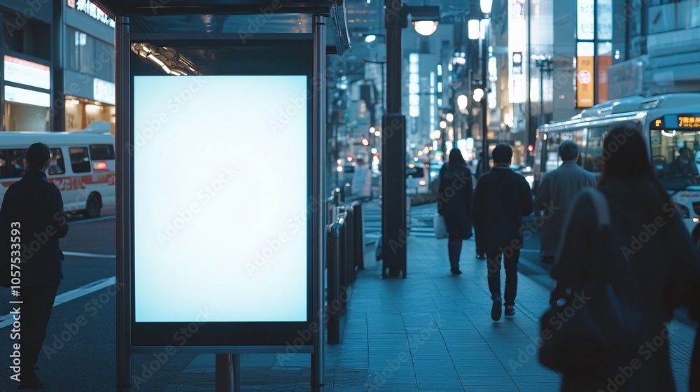 A bustling city scene featuring a blank bus stop advertisement with pedestrians walking by at night, showcasing urban life and transport. A bustling city scene featuring a blank bus stop advertisement with pedestrians walking by at night, showcasing urban life and transport.